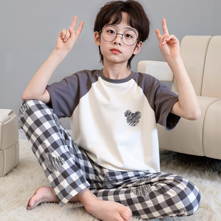 芬腾青少年睡衣男孩短袖长裤2026新款夏季纯棉初中学生家居服男生