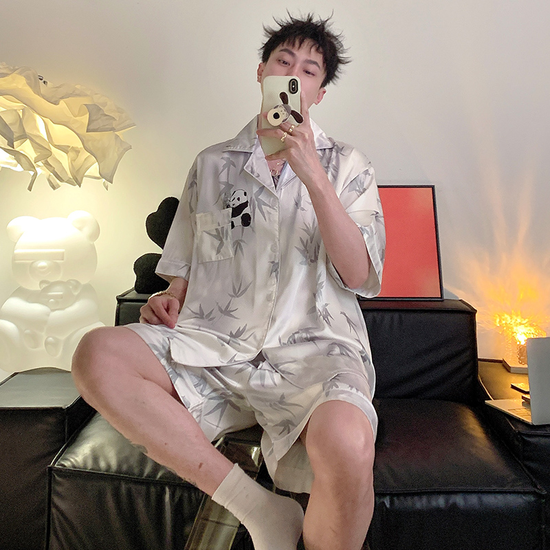 芬腾男士睡衣夏季2025新款短袖冰丝青少年大码男孩高初中学生套装