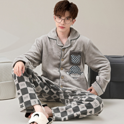 芬腾珊瑚绒睡衣男孩秋冬季2025新款青少年加绒加厚法兰绒大童学生