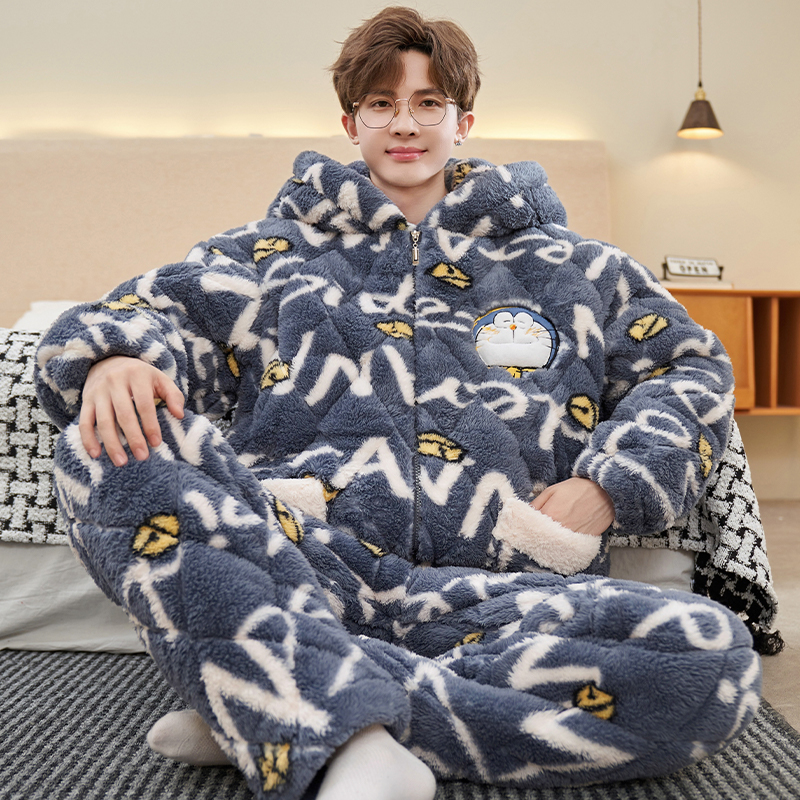 芬腾睡衣男士冬季珊瑚绒加厚加绒三层夹棉青少年男生初中学生大童