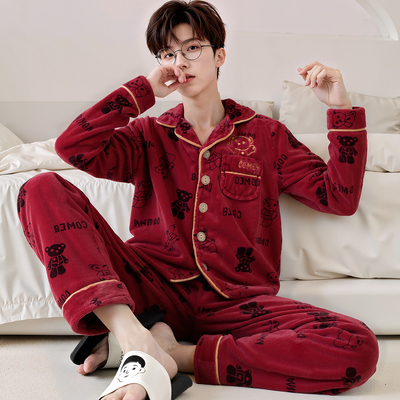 芬腾珊瑚绒睡衣男孩2025新款冬季本命年红色青少年加厚法兰绒套装