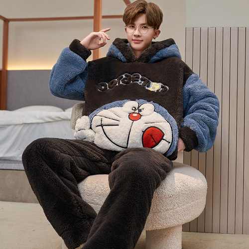 芬腾睡衣男孩秋冬季珊瑚绒加厚法兰绒男款青少年初中学生大童套装