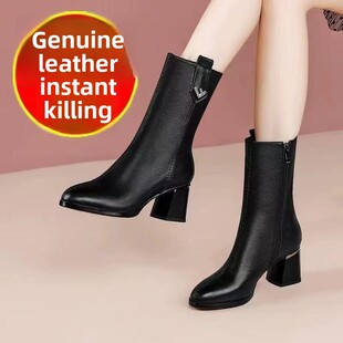 品牌真皮中筒靴女款皮靴防滑软底马丁靴尖头高跟加绒妈妈时装靴子