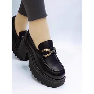 断码正品真皮厚底乐福鞋女2025春秋新款英伦小皮鞋粗跟松糕底单鞋