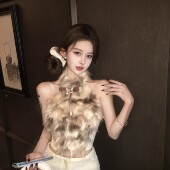 外穿短款 蝴蝶结毛毛拼接挖肩挂脖背心女秋冬修身 内搭无袖 辣妹上衣