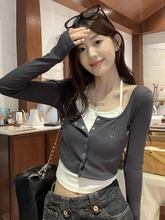美式复古设计感假两件长袖T恤女早秋修身辣妹短款挂脖上衣打底衫