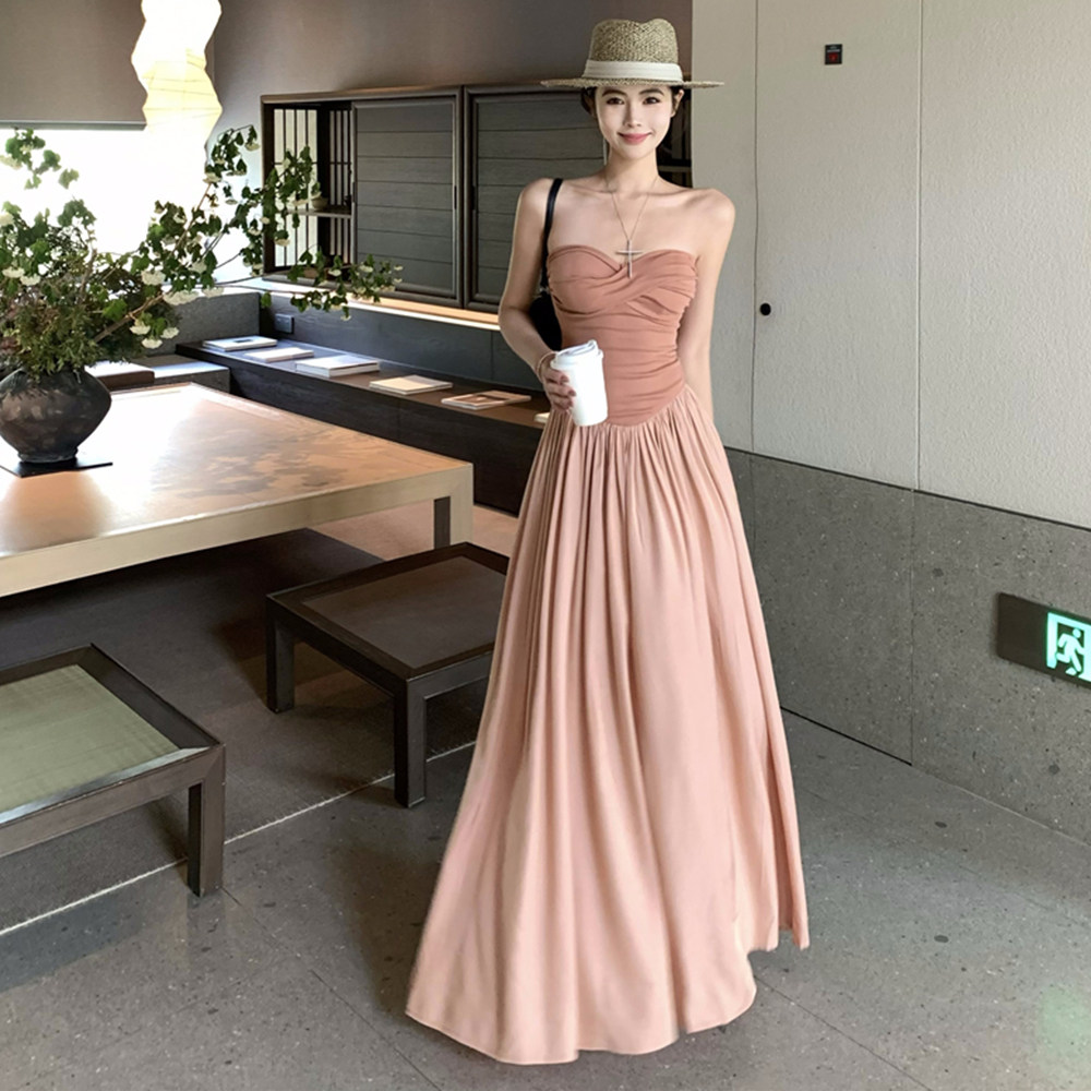 纯欲高级感粉色抹胸连衣裙女早秋撞色拼接辣妹一字肩收腰气质长裙,女装/女士精品,连衣裙,淘宝优惠券,粉丝福利购,淘宝优惠卷