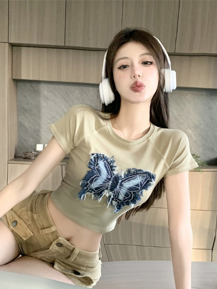 美式复古蝴蝶贴布辣妹短款上衣夏