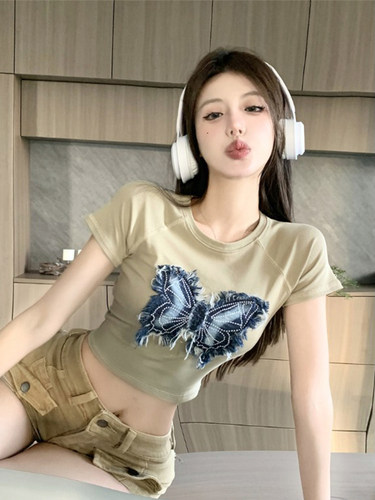 美式复古蝴蝶贴布辣妹短款上衣夏