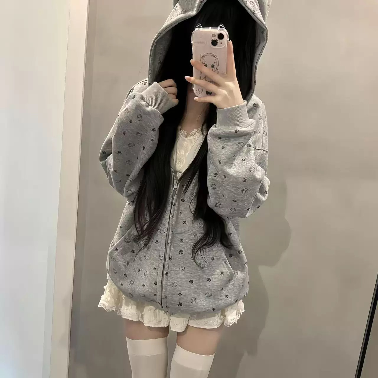 韩系满印小熊印花设计感连帽开衫卫衣女春秋薄款二次元风宽松外套