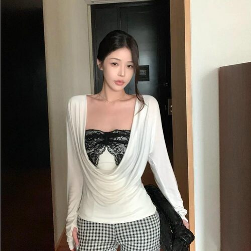性感复古风蕾丝拼接荡领长袖T恤