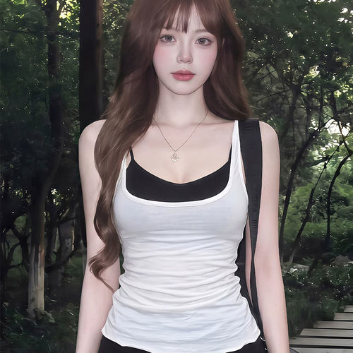 美式辣妹撞色U领吊带背心套装女