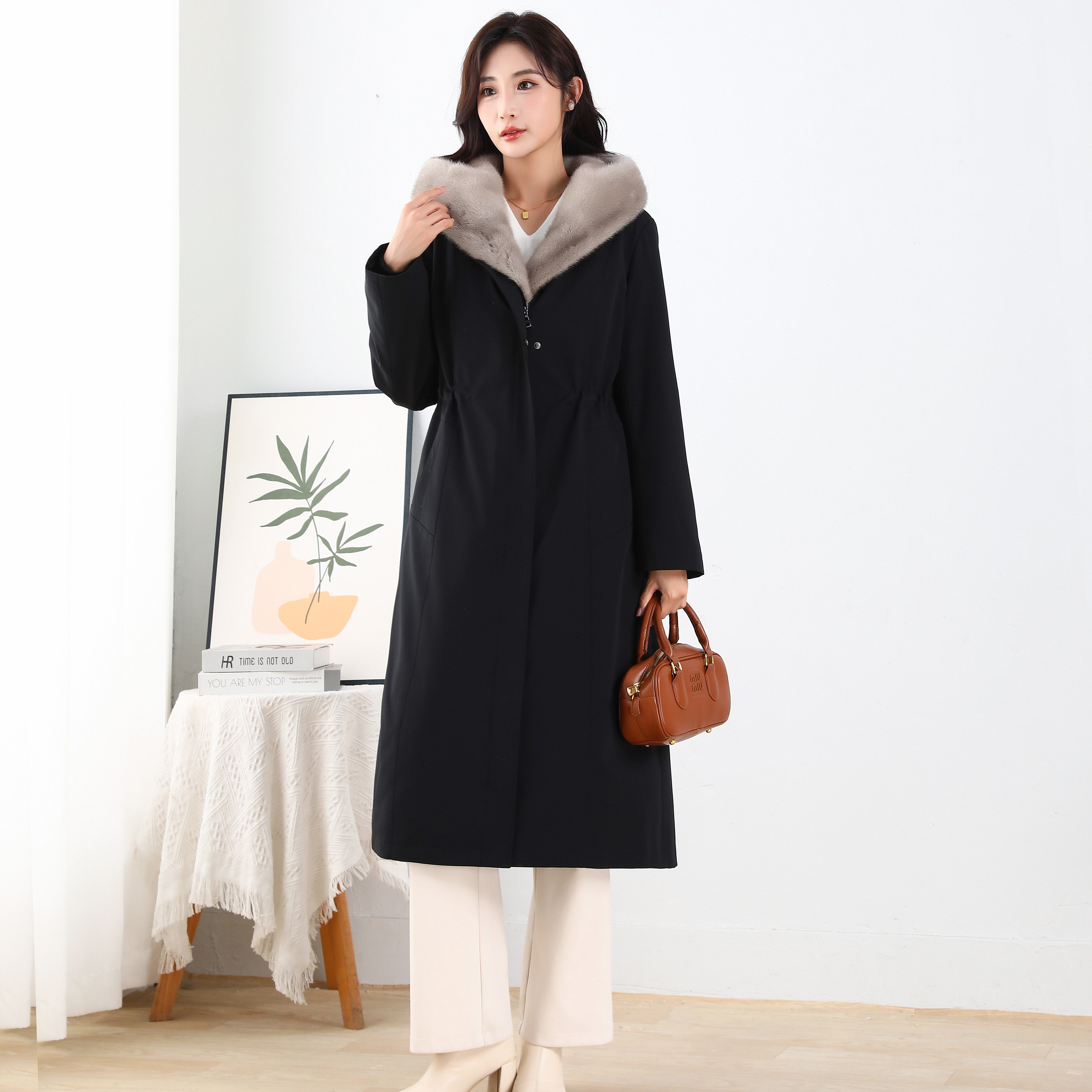 长款皮草外套可拆卸水貂毛派克服