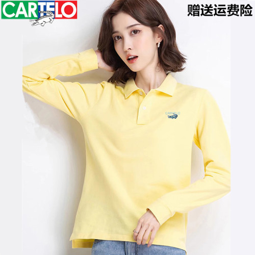 卡帝乐鳄鱼POLO衫女长袖t恤秋季纯棉宽松大码运动翻领休闲上衣潮