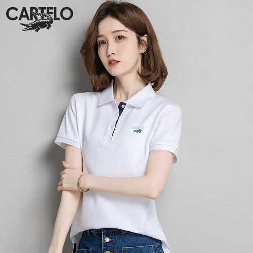 卡帝乐鳄鱼纯棉短袖POLO衫女V领宽松夏季翻领女装运动休闲百搭潮
