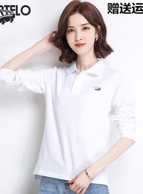 卡帝乐鳄鱼POLO衫女长袖t恤秋季纯棉宽松大码运动翻领休闲上衣潮