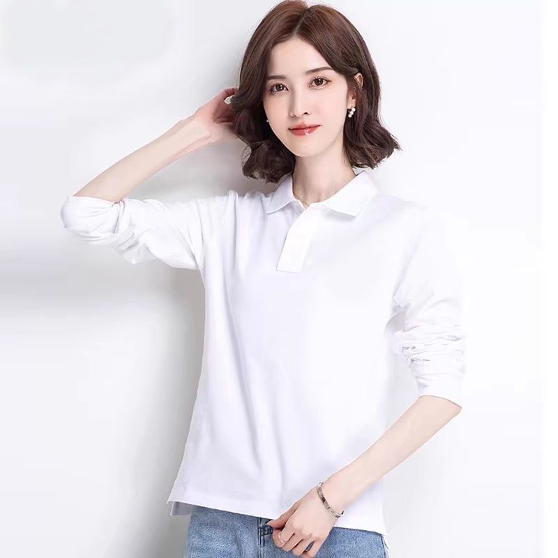 正品女士长袖polo衫春秋纯棉翻领t恤工作服文化衫上衣上衣