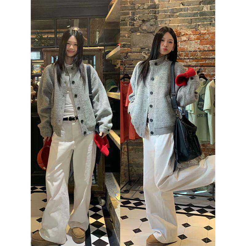 灰色短款开春外套女2025新款秋立领小个子韩系夹克宽松棒球服上衣