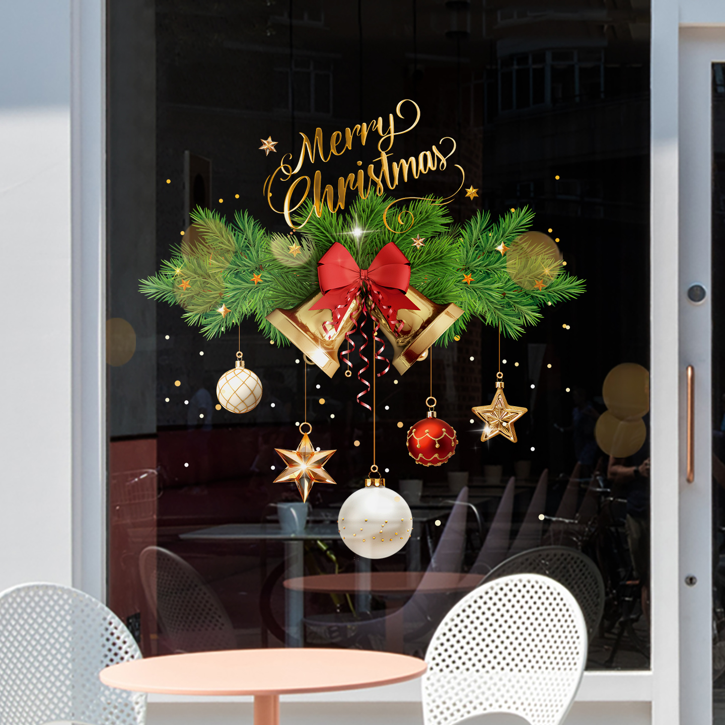 圣诞场景氛围装饰贴纸店铺橱窗布置圣诞花环窗花2026圣诞铃铛贴画