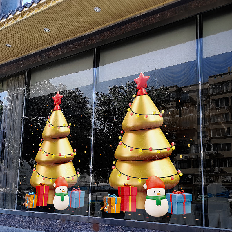 售楼处圣诞节装饰圣诞树玻璃贴纸超市店面节日橱窗气氛布置静电贴