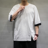 2021春夏新款风棉麻短袖男装宽松大码七分袖6008-1-T063/，男装T恤，电商A008