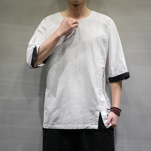 2021春夏新款风棉麻短袖男装宽松大码七分袖6008-1-T063/图片