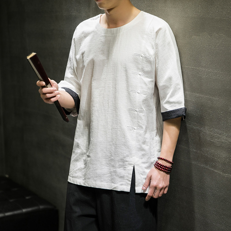 2021春夏新款风棉麻短袖男装宽松大码七分袖6008-1-T063/,男装T恤,电商A008