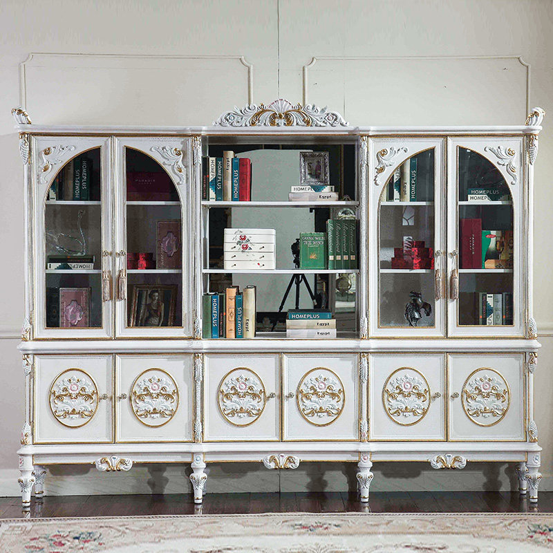 fp法式田园实木雕花书柜欧式书房储物陈列柜手工彩绘玻璃门书柜