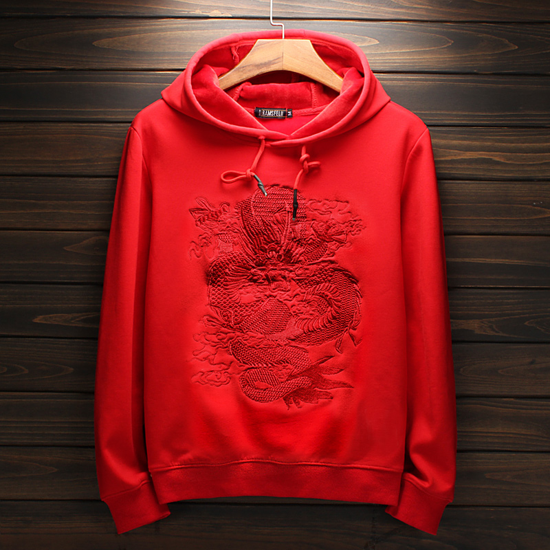 刺绣连帽龙国风套头帽衫