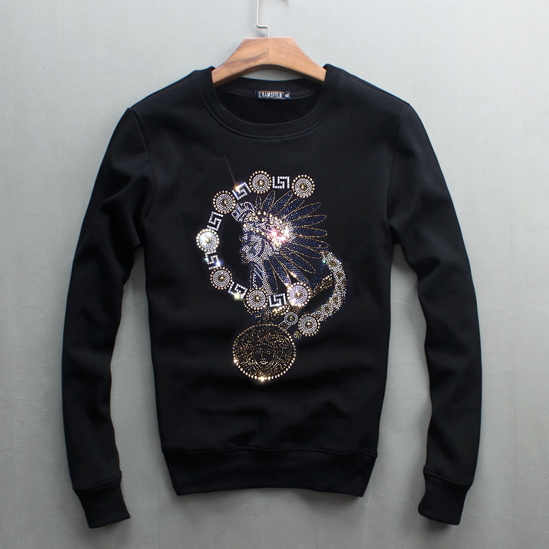 秋冬男长袖加绒t恤烫钻头像潮牌大码保暖卫衣潮流男装套头衫外穿