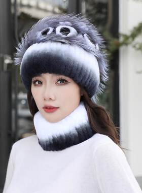 皮草獭兔毛帽子女冬季脖套两件套保暖韩版时尚漂亮妈妈风雪帽出行