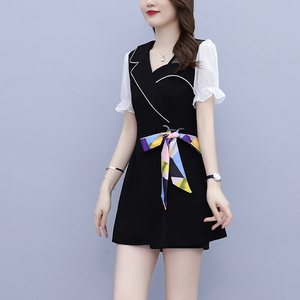 RM9629#大码女装2023年夏季新款气质时尚拼接韩版上衣＋短裤套装9761