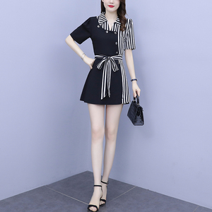 RM9626#大码女装2023夏季新款法式气质条纹拼接上衣＋短裤两件套套装