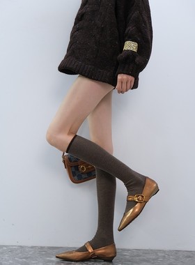华尔街精英Preferred 乡村巴恩风落叶季深驼色高定款密织小腿袜女