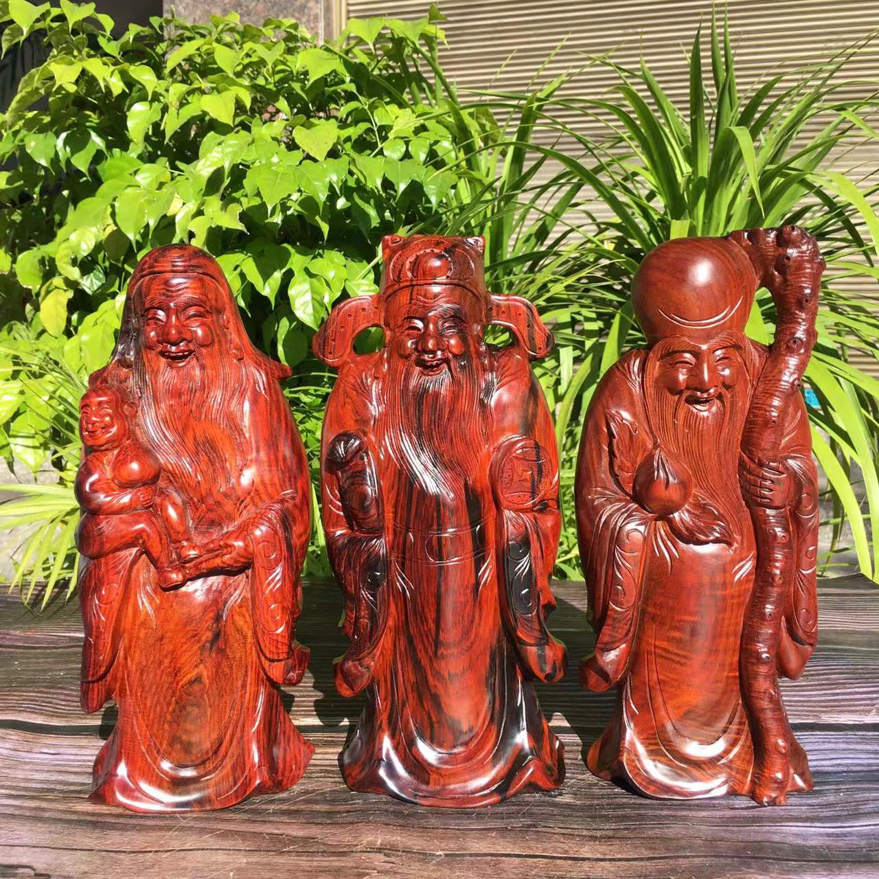 红木雕刻福禄寿三星喜财摆件老挝大红酸枝实木质寿星财神高照佛像