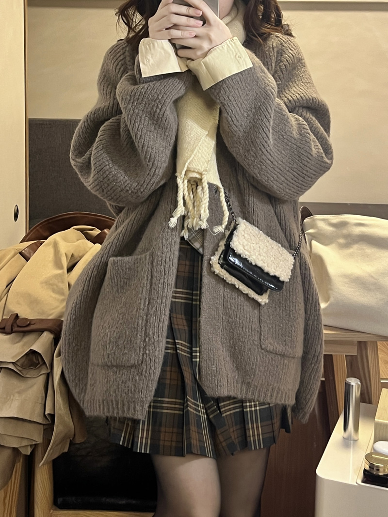 清仓 自制灰咖色粗线一粒扣厚毛衣针织开衫外套女