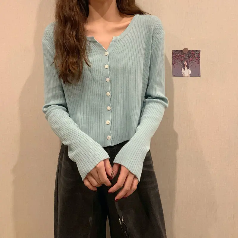 韩版休闲风冰丝V领针织开衫防晒衫女夏季新款小香风洋气修身上衣