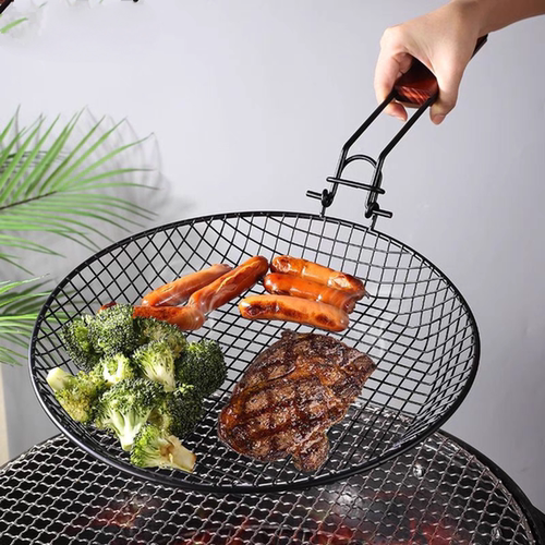可折叠烤篮烧烤网烤肉盆木柄户外圆形烤蔬菜篮油炸篮BBQ
