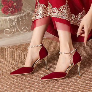 细跟中式 秀禾结婚单鞋 女春一字带包头高跟鞋 红色尖头珍珠新娘婚鞋