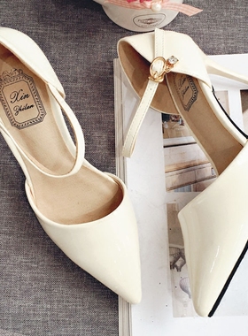 白色中空高跟鞋女细跟一字带包头单鞋秋 气质小码313233大码41-43