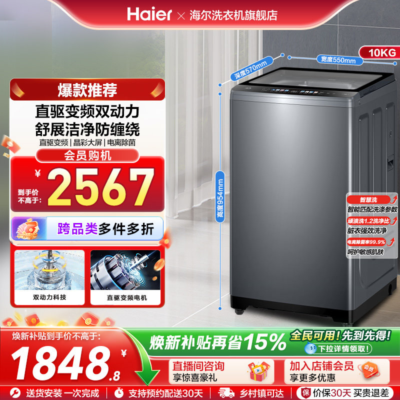 【双动力】海尔波轮洗衣机10kg大容量家用全自动直驱除菌659