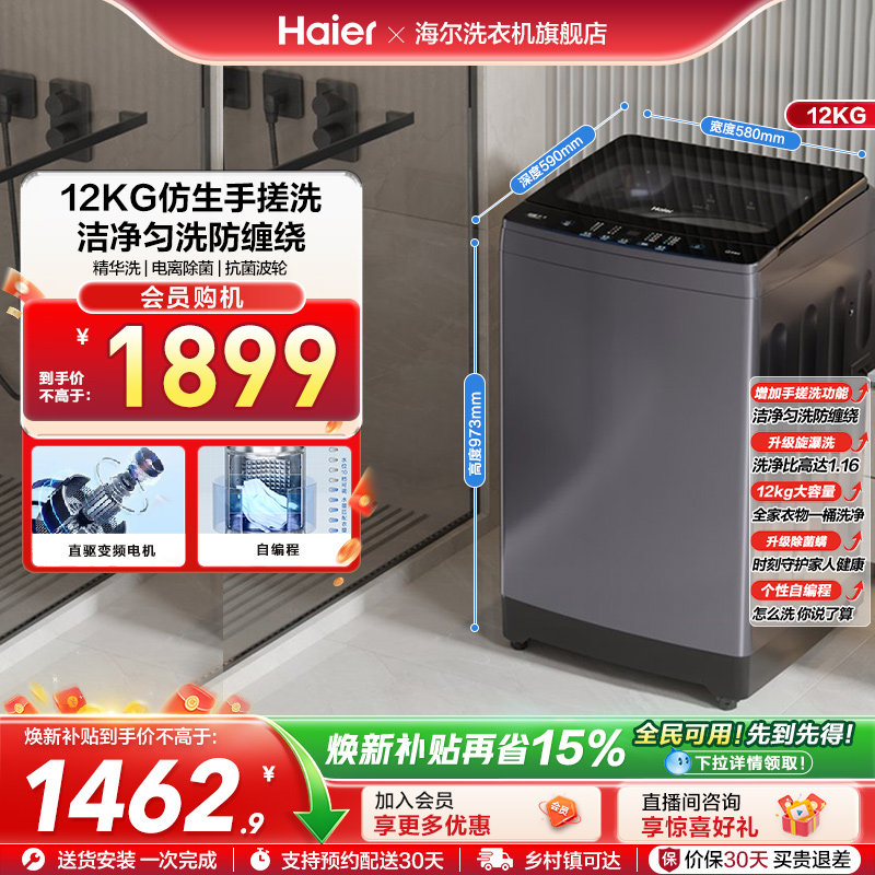 [手搓洗]海尔波轮洗衣机家用全自动变频12kg超大容量除菌629
