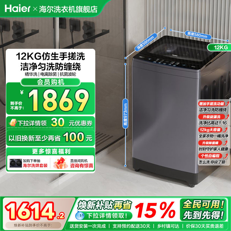 [手搓洗]海尔波轮洗衣机家用全自动变频12kg超大容量除菌629