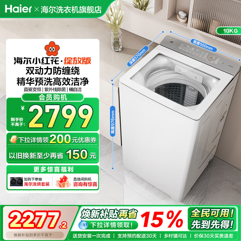 海尔小红花波轮双动力精华洗10kg大容量家用全自动洗衣机73M