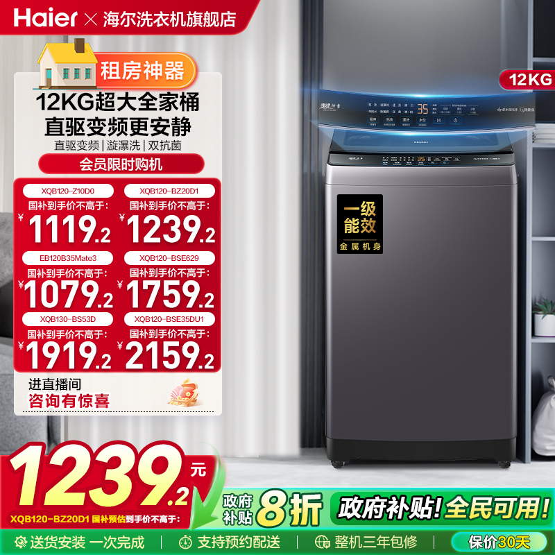 洗衣机以旧换新补贴海尔波轮全自动家用12kg超大容量除菌20D1