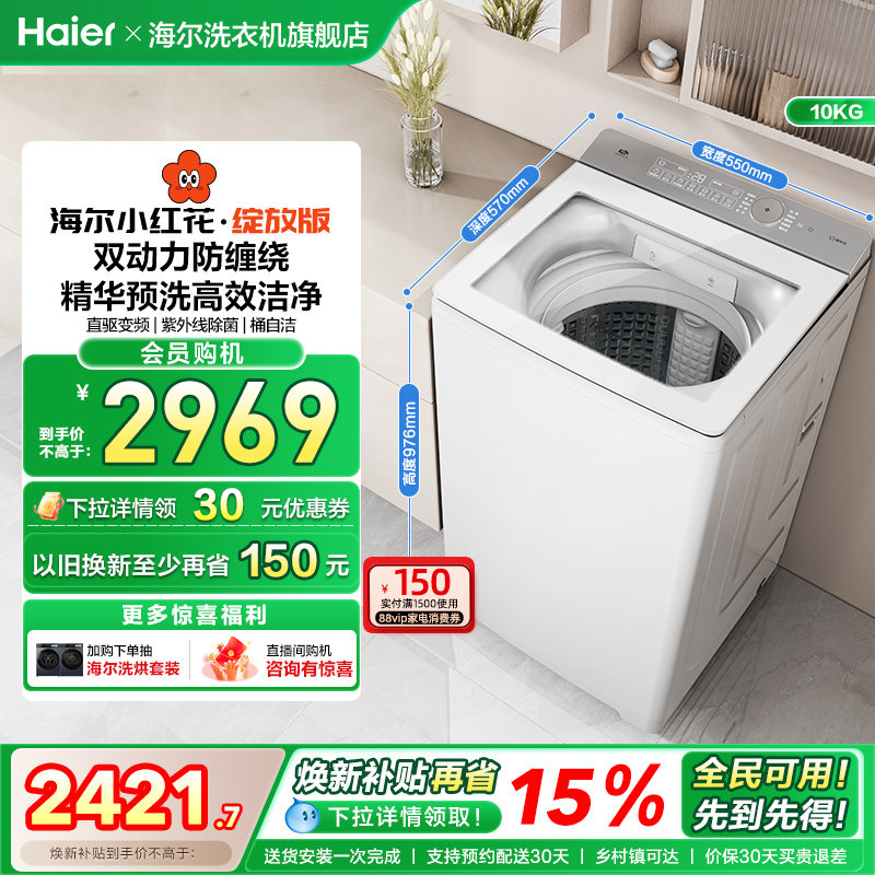 海尔小红花波轮双动力精华洗10kg大容量家用全自动洗衣机73M