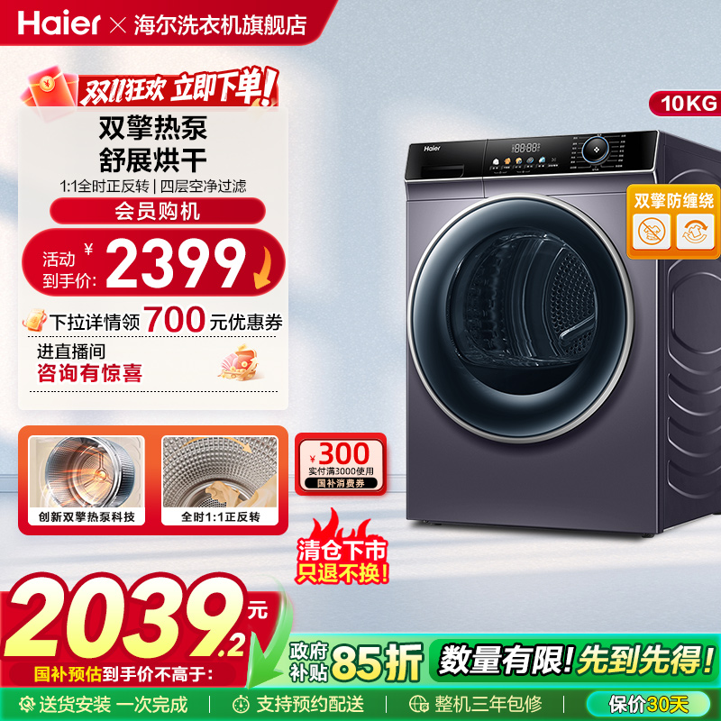 海尔10kg除菌除螨干衣机滚筒大容量家用全自动热泵烘干机306