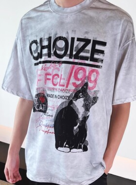 SWAG潮牌美式复古做旧Vintage喷脏卡通猫咪印花短袖T恤男女情侣款