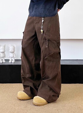 SWAG拼接剪裁设计感立体大口袋工装裤男女水洗做旧阔腿宽松休闲裤