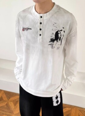 SWAG早春亨利领朋克印花做旧水洗百搭休闲上衣男长袖T恤打底衫T恤